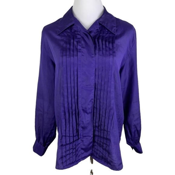 David Matthew Pleated Hidden Button Down Blouse Women's 14 Purple - Picture 1 of 9
